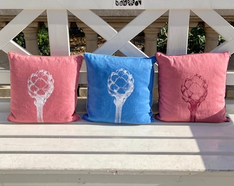 Linen cushion, pink or blue, unique, silkscreen, artichoke, individual gift, designer cushion, drawing, sofa cushion