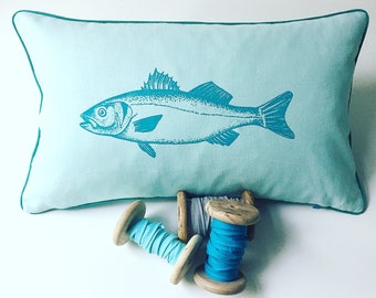 linen cushion with fish (pike-perch), turquoise, screen print, angler, sea animal, sea, maritime, elongated cushion, sofa cushion, home accessory