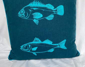 Almohada grande de lino gris azul, perca, lucioperca, dibujo a mano, serigrafía, almohada de diseño, lino puro, acogedor, decoración del hogar, pescado