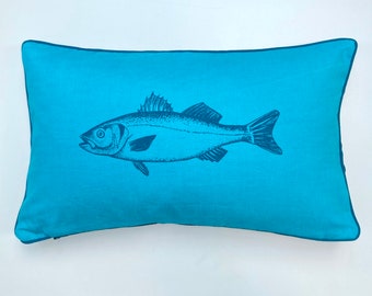 linen cushion with fish (pike-perch), turquoise, screen print, angler, sea animal, sea, maritime, elongated cushion, sofa cushion, home accessory