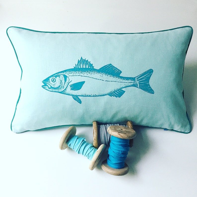 linen cushion with fish pike-perch, turquoise, screen print, angler, sea animal, sea, maritime, elongated cushion, sofa cushion, home accessory image 1