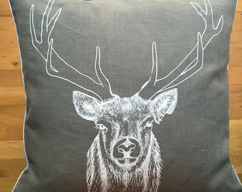 grey linen pillow with white deer, screenprinted by hand, 50 cm x 50 cm with feather filling, cosy designer cushion