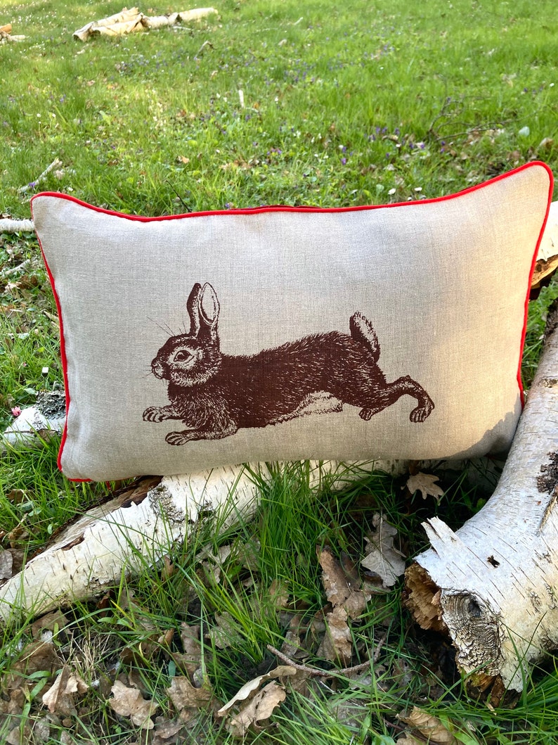 Designer pillow, bunny, individual gift, handmade, screen printing, pillow, linen pillow, gift for child, pillow case, cushion cover, natural image 1