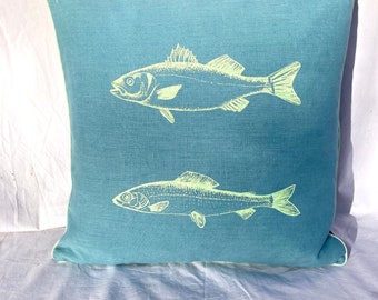 Almohada decorativa, almohada de lino, pez verde brillante, regalo individual para amantes de los peces, dibujo, serigrafía, hecho a mano, cómodo, acogedor