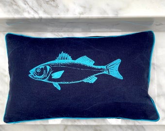 Designer pillow, turquoise, Fish print, screen print, for foodie