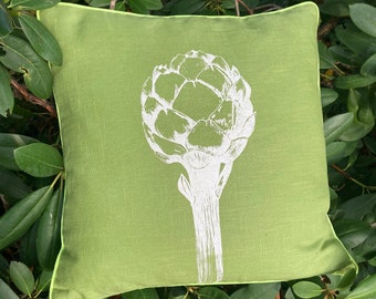 Cushion green with artichoke for outside, balcony, garden, terrace, screen printing, sofa cushion, home accessory, nature illustration, linen