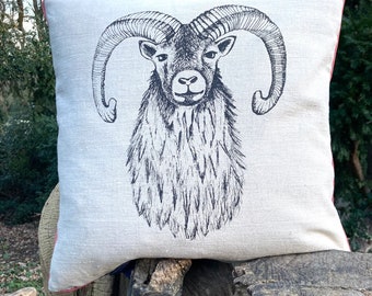 Sofakissen aus Leinen mit Tierillu, 50 x 50 cm, Steinbock, Männer Geschenkidee, Geschenk für Väter, Ehemann Geschenk,Geschenk für ihn