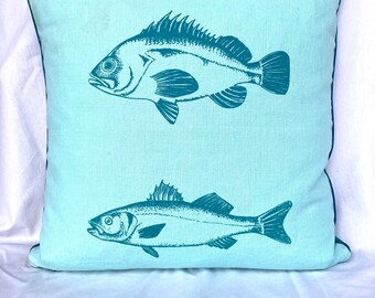 Designer pillow, turquoise, Fish print, screen print, for foodie