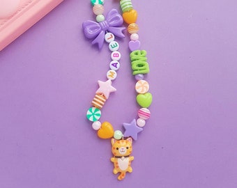 CAT phone charm, orange phone chain, cat beads, Kawaii keychain, phone chain, personalised birthday gift, Kawaii cat, girl gift cat fan