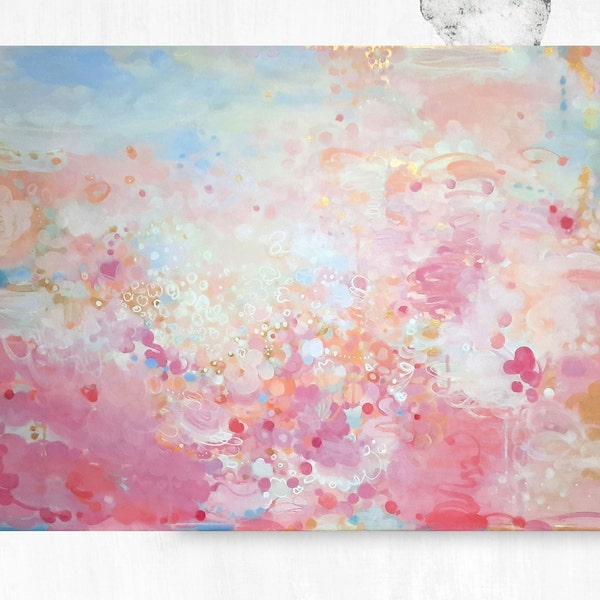 Large Pink Painting with Gold, Original Abstract Painting on Canvas, Blush Pink Peach and Gold Wall Art for Girls Room