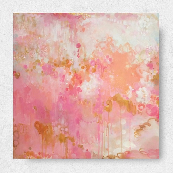 Pink and Gold Painting, Original Art for Girls Room, Pink Peach and Gold Wall Art for Bedroom, Peach Abstract Painting on Canvas 24 x 24