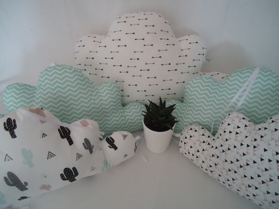 Baby Cloud Bed Tower 5 Cushions Cactus Arrows And Water Green For Baby Cot Baby Bedroom Decoration Birth Gift