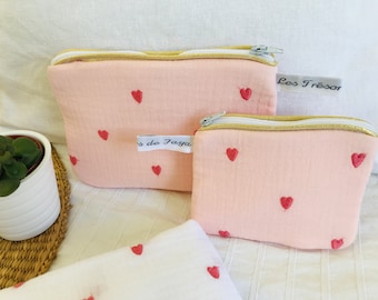 Embroidered Hearts fleece pouch, gold-edged makeup kit, baby kit, birth gift, birthday, Mother's Day, Christmas