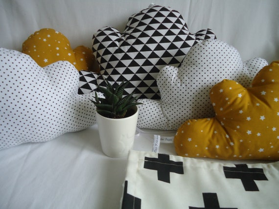 Tour De Lit Nuages Bebe Noir Blanc Moutarde 5 Coussins Etsy