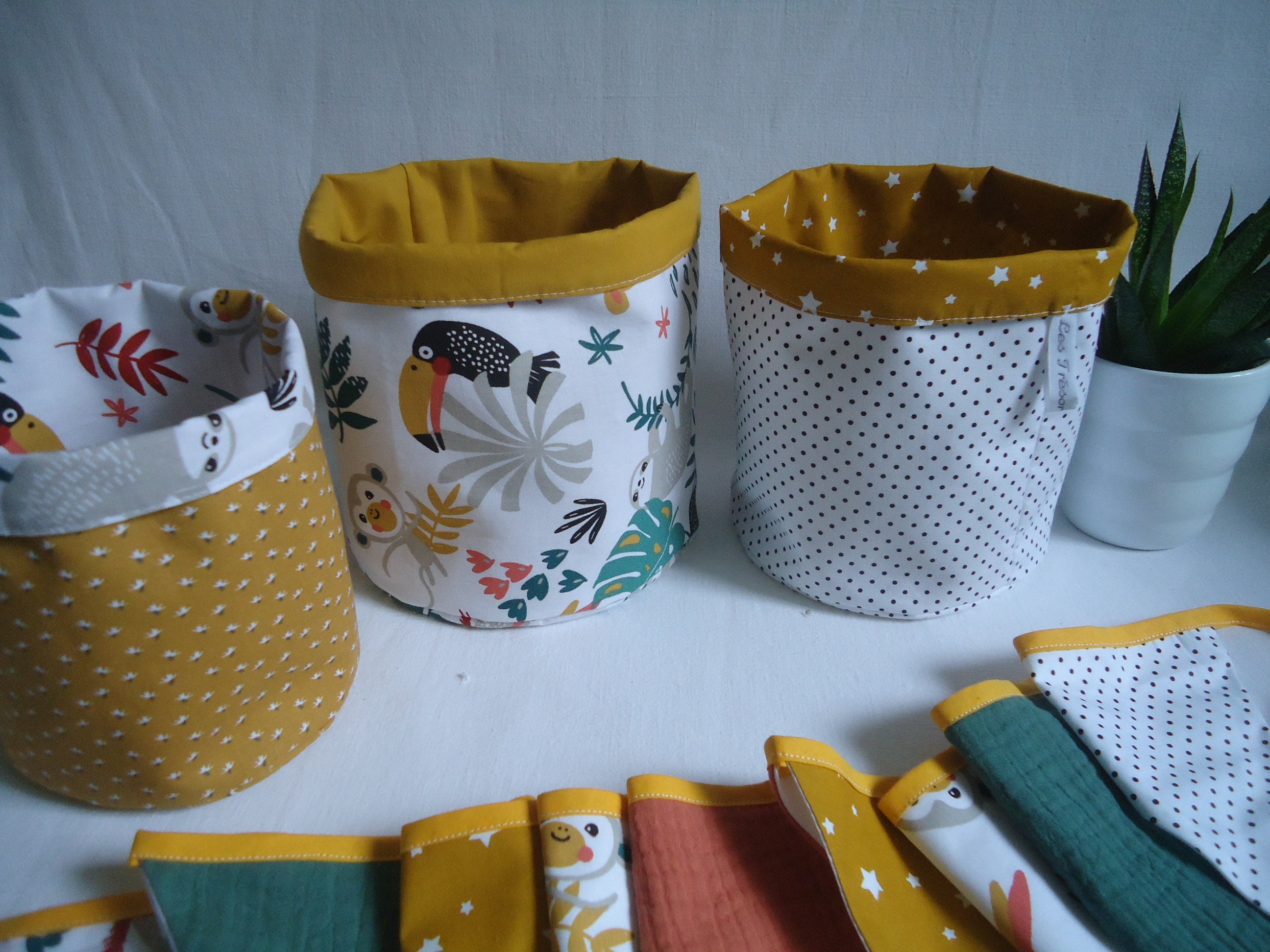 Lot 3 Panières Tropicales Gigognes, Tissus Garçon, Déco Chambre Bébé, Cadeau Naissance Fille - Tropi