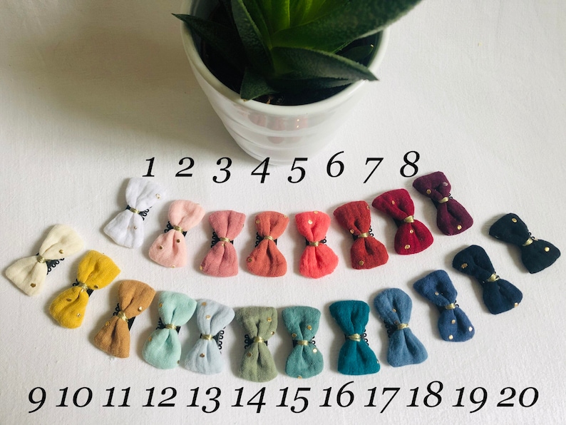 May include: Twenty small fabric hair bows with gold accents and white polka dots in various colors, including white, pink, red, brown, blue, and green. The bows are numbered 1 through 20.