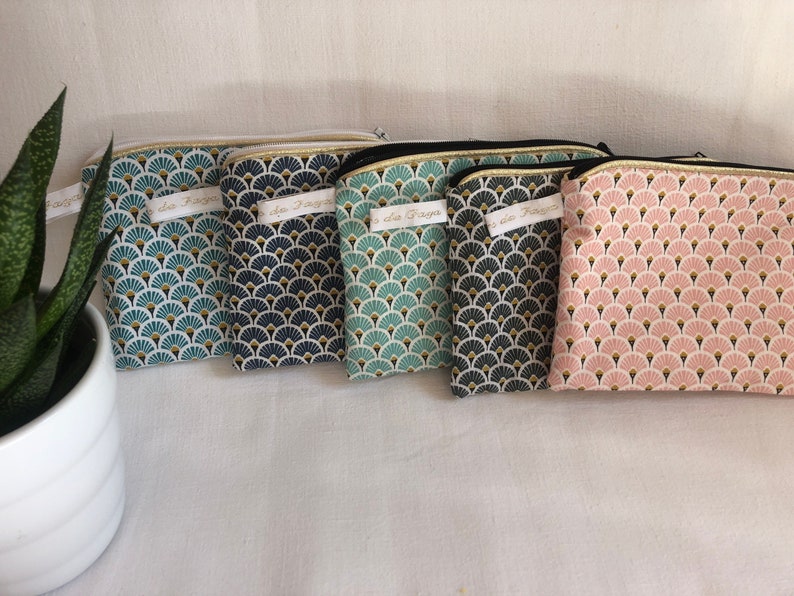 Trousse maquillage femme, pochette japonisante au choix, bord doré, cadeau femme, anniversaire, Noël, Saint Valentin, Fête des mères éventails pêche