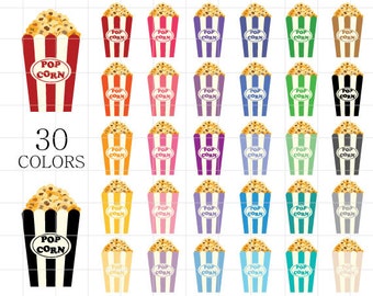 Może przedstawiać: Zestaw 30 kolorowych cyfrowych obrazów clipart popcornu w paskowanym wiaderku. Wiaderka są w różnych kolorach, w tym czerwonym, pomarańczowym, żółtym, zielonym, niebieskim, fioletowym i czarnym. Tekst "POP CORN" jest nadrukowany na przodzie każdego wiaderka.