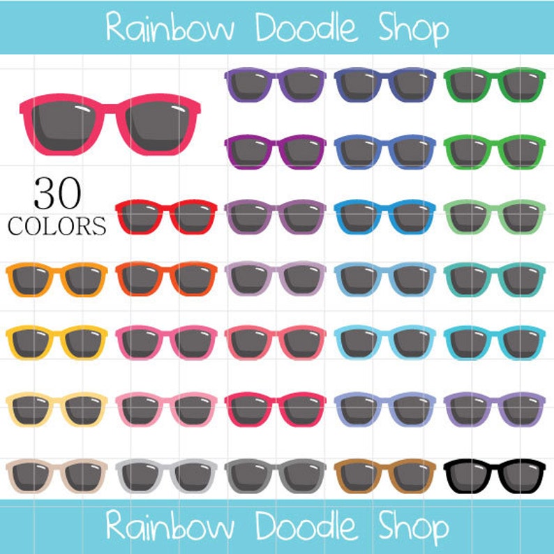 May include: 30 different colored sunglasses in a grid pattern. The sunglasses are all the same style, but each pair is a different color. The colors include red, orange, yellow, green, blue, purple, pink, and brown.