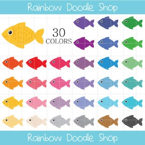 May include: A set of 30 colorful fish illustrations. The fish are all the same shape, but in different colors, including red, orange, yellow, green, blue, purple, and gray. The text "30 COLORS" is printed on the image.
