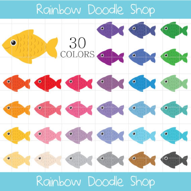 May include: A set of 30 colorful fish illustrations. The fish are all the same shape, but in different colors, including red, orange, yellow, green, blue, purple, and gray. The text "30 COLORS" is printed on the image.