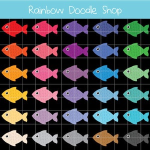 May include: A set of 40 colorful fish illustrations in a rainbow color scheme. The fish are all facing right and have a simple, cartoon-like design. The fish are arranged in a grid pattern, with each row representing a different color.