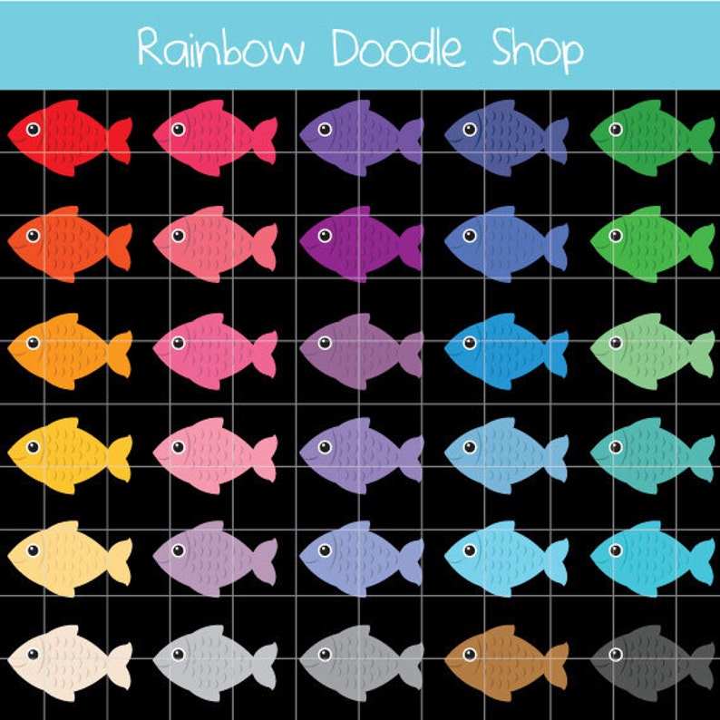 May include: A set of 40 colorful fish illustrations in a rainbow color scheme. The fish are all facing right and have a simple, cartoon-like design. The fish are arranged in a grid pattern, with each row representing a different color.