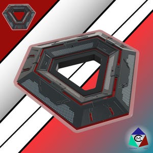 May include: A futuristic, geometric design in shades of gray and red. The object has a complex, multi-faceted shape with a central opening. The design includes mesh-like textures and red accent lines, set against a gradient background.