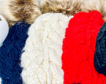 Handmade Cable Knit Beanie with Faux Fur Bobble: Winter Ski Cap
