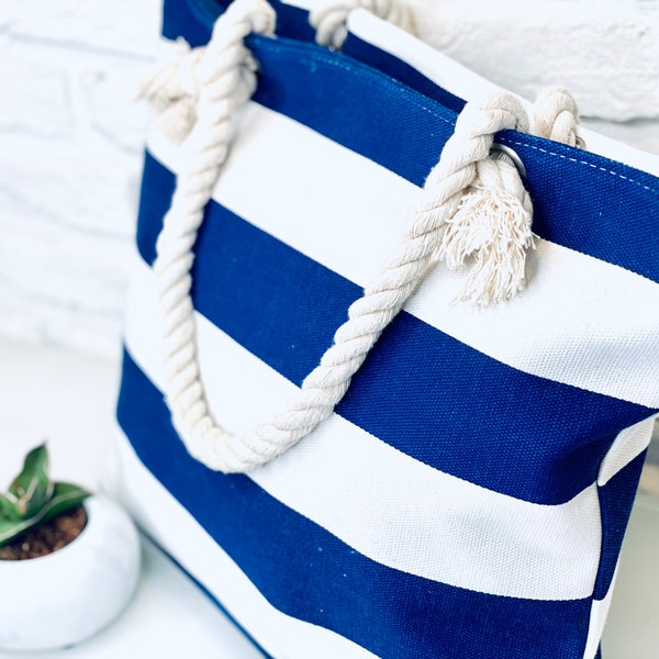 Nautical Bold Stripe Tote Bag | Beach Bag | Baby Bag | Cute Bag | Bag With Zipper | Striped Bag | Holiday Bag | Mother's Day Gift