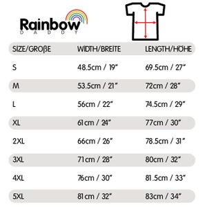 May include: Size chart for a t-shirt with measurements in inches and centimeters. The chart shows the size, width, and length of the shirt in both inches and centimeters.