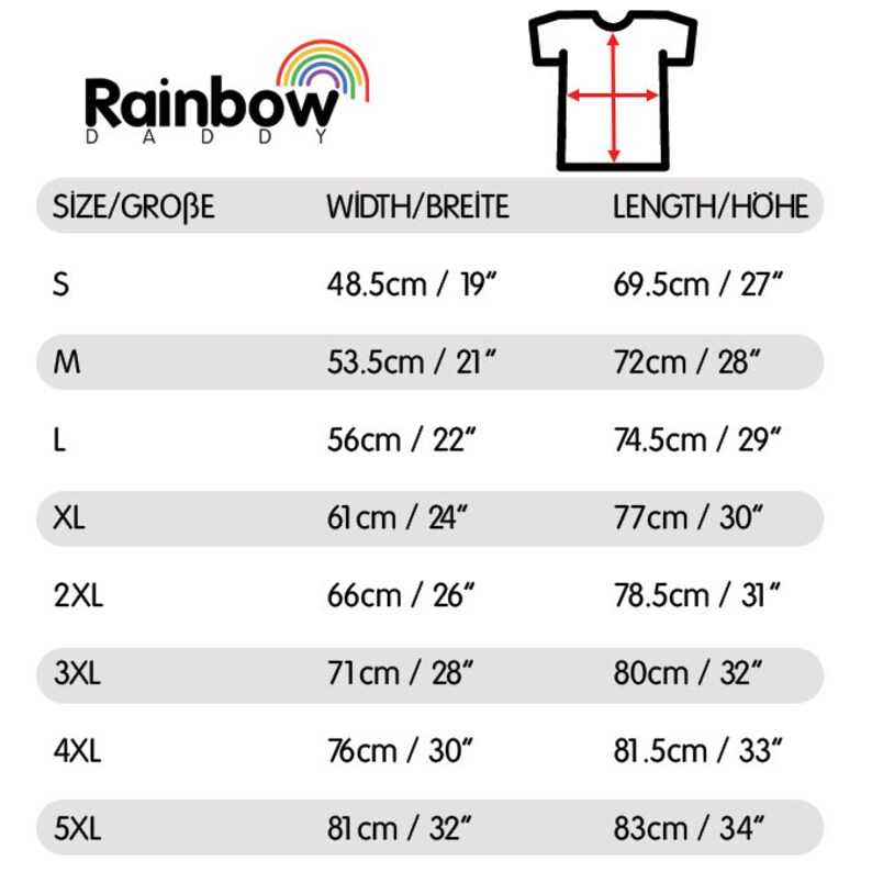 May include: Size chart for a t-shirt with measurements in inches and centimeters. The chart shows the size, width, and length of the shirt in both inches and centimeters.
