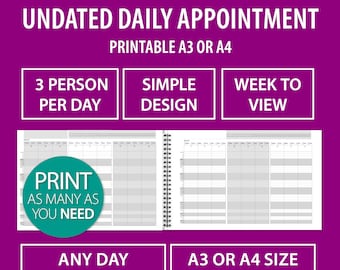 Printable undated 3 column Daily planner appointment sheet, 6 days to view, salon diary, home school, therapist, medical, reception