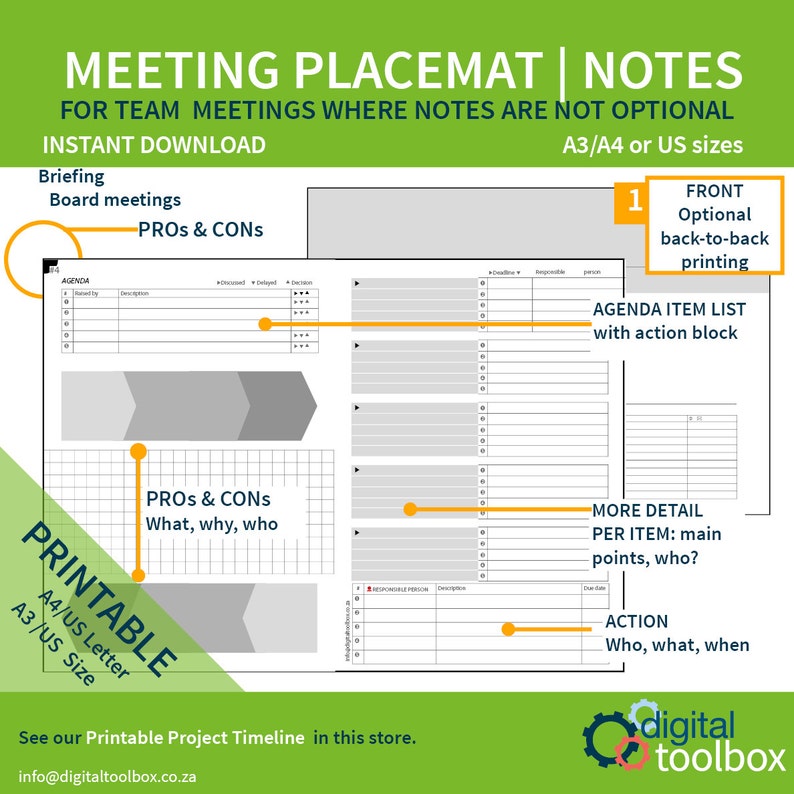 Printable Meeting Placemat for individual note taking/agenda Etsy