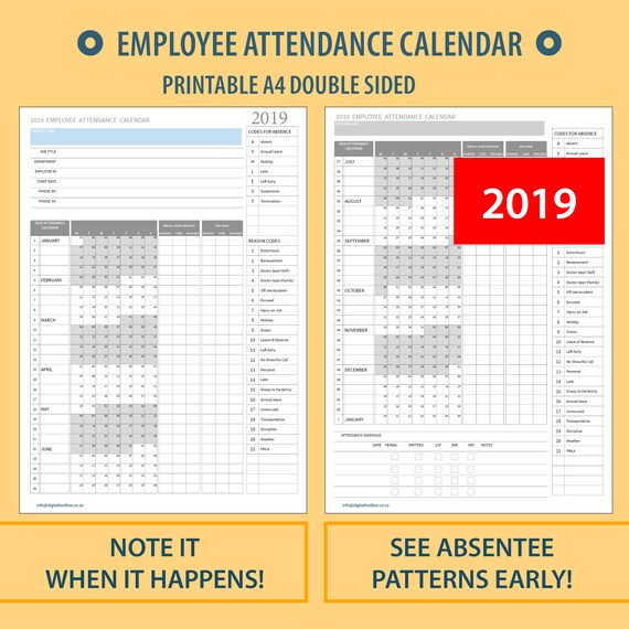 2019 a4 printable employee attendance calendar tracker for hr etsy printable employee attendance calendar 2019