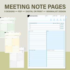 Puede incluir: Cinco dise&ntilde;os de p&aacute;ginas de notas de reuni&oacute;n imprimibles en formato PDF. Cada p&aacute;gina incluye secciones para temas clave de discusi&oacute;n, preguntas, notas, elementos de acci&oacute;n y asignados a otros. Las p&aacute;ginas est&aacute;n dise&ntilde;adas en un estilo minimalista con un esquema de color azul claro y blanco.
