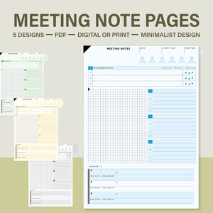 Puede incluir: Cinco dise&ntilde;os de p&aacute;ginas de notas de reuni&oacute;n minimalistas en formato PDF. Cada p&aacute;gina incluye secciones para la fecha, la hora de inicio, la hora de finalizaci&oacute;n, los temas clave de la discusi&oacute;n, una cuadr&iacute;cula para las notas y una secci&oacute;n de resumen con espacio para los elementos de seguimiento.