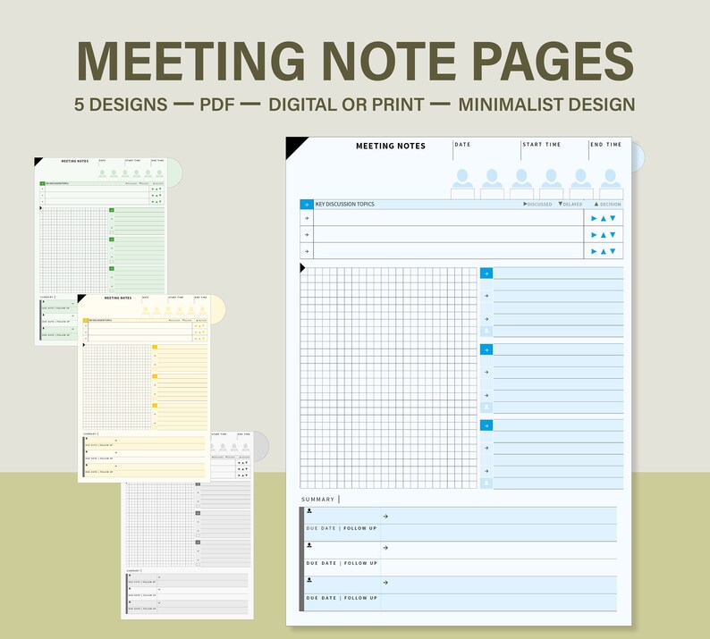 Puede incluir: Cinco dise&ntilde;os de p&aacute;ginas de notas de reuni&oacute;n minimalistas en formato PDF. Cada p&aacute;gina incluye secciones para la fecha, la hora de inicio, la hora de finalizaci&oacute;n, los temas clave de la discusi&oacute;n, una cuadr&iacute;cula para las notas y una secci&oacute;n de resumen con espacio para los elementos de seguimiento.