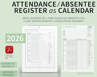 2026 PDF Attendance Absentee Calendar/Registry Tracker for HR, School, Management or small businesses.