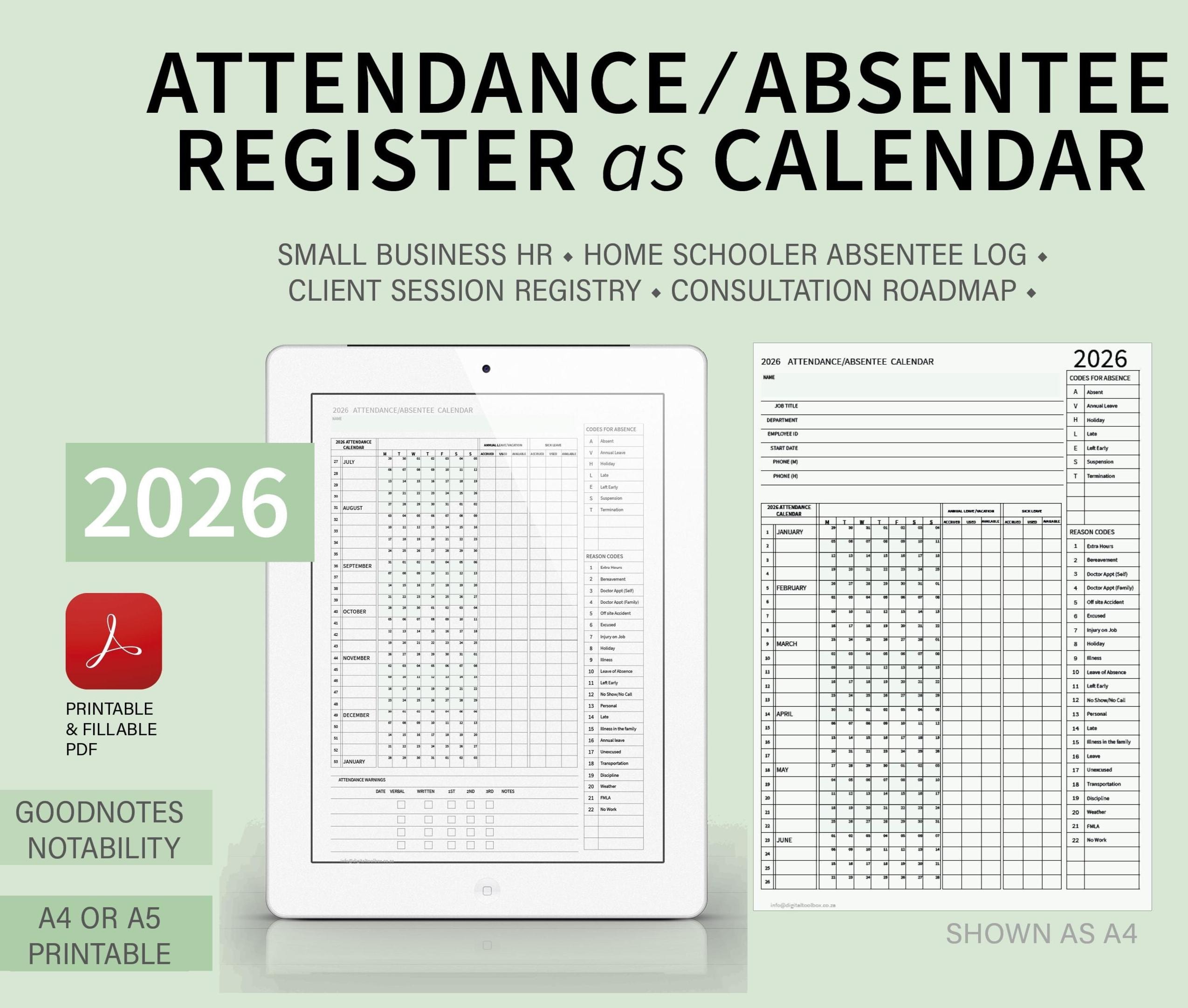 2026 PDF Attendance Absentee Calendar/registry Tracker for HR, School ...