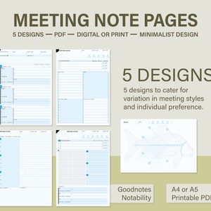 Puede incluir: Cinco dise&ntilde;os de p&aacute;ginas de notas de reuni&oacute;n imprimibles en azul y blanco. Los dise&ntilde;os incluyen una cuadr&iacute;cula, papel rayado y un diagrama de espina de pescado. El texto "Goodnotes Notability A4 o A5 PDF imprimible" est&aacute; en la parte inferior de la imagen.
