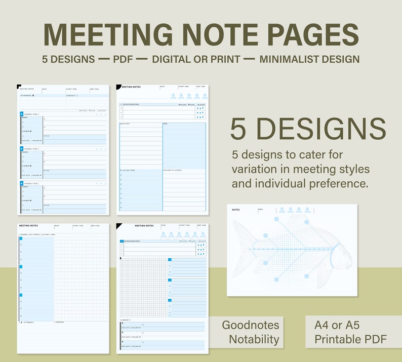 Puede incluir: Cinco dise&ntilde;os de p&aacute;ginas de notas de reuni&oacute;n imprimibles en azul y blanco. Los dise&ntilde;os incluyen una cuadr&iacute;cula, papel rayado y un diagrama de espina de pescado. El texto "Goodnotes Notability A4 o A5 PDF imprimible" est&aacute; en la parte inferior de la imagen.