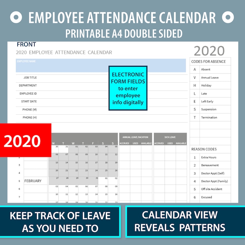 2020 A4 Printable Employee Attendance Calendartracker For Hr Etsy