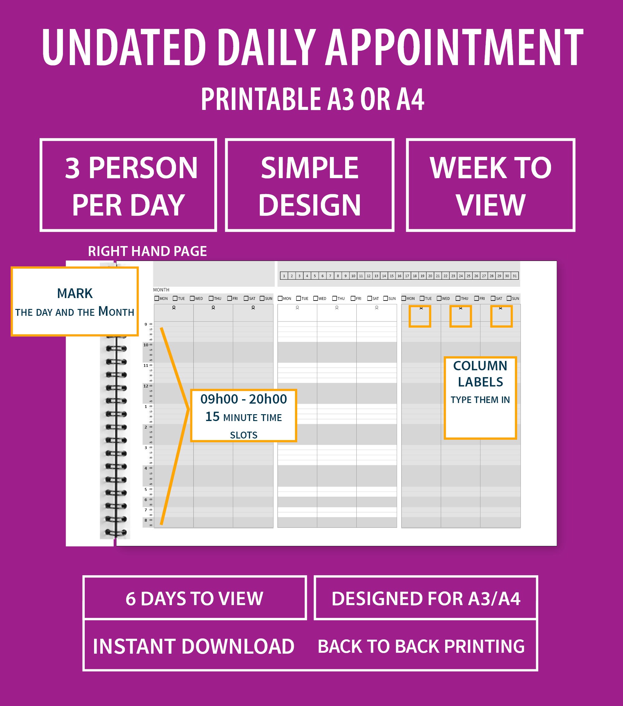 Printable Undated 3 Column Daily Planner Appointment Sheet 6 ...