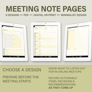 Puede incluir: Tres p&aacute;ginas de notas digitales sobre un fondo blanco. Las p&aacute;ginas est&aacute;n dise&ntilde;adas para tomar notas durante las reuniones en l&iacute;nea. El texto en la p&aacute;gina dice "Meeting Note Pages", "5 Designs - PDF - Digital or Print - Minimalist Design", "Choose a Design", "Prepare Before the Meeting Starts", "Know What to Listen Out for in Online Meetups", "Record Actionable Items, Decisions & Recommendations", y "As They Come Up".