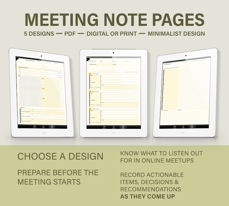 Puede incluir: Tres p&aacute;ginas de notas digitales sobre un fondo blanco. Las p&aacute;ginas est&aacute;n dise&ntilde;adas para tomar notas durante las reuniones en l&iacute;nea. El texto en la p&aacute;gina dice "Meeting Note Pages", "5 Designs - PDF - Digital or Print - Minimalist Design", "Choose a Design", "Prepare Before the Meeting Starts", "Know What to Listen Out for in Online Meetups", "Record Actionable Items, Decisions & Recommendations", y "As They Come Up".