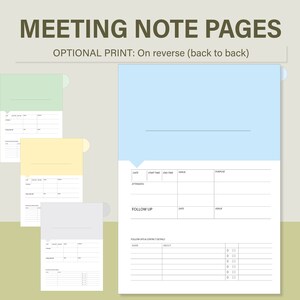 Puede incluir: Una plantilla de p&aacute;gina de notas de reuni&oacute;n imprimible con secciones para la fecha, la hora de inicio, la hora de finalizaci&oacute;n, el lugar, el prop&oacute;sito, los asistentes, el seguimiento y los detalles de contacto del seguimiento. La plantilla est&aacute; dise&ntilde;ada para imprimirse en ambos lados del papel.