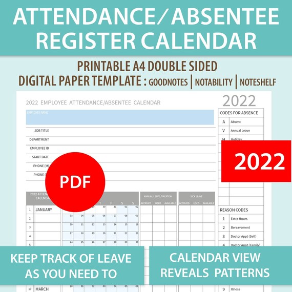 2022 Employee Attendance Calendar 2022 A4 Printable Employee Attendance Absentee | Etsy Uk
