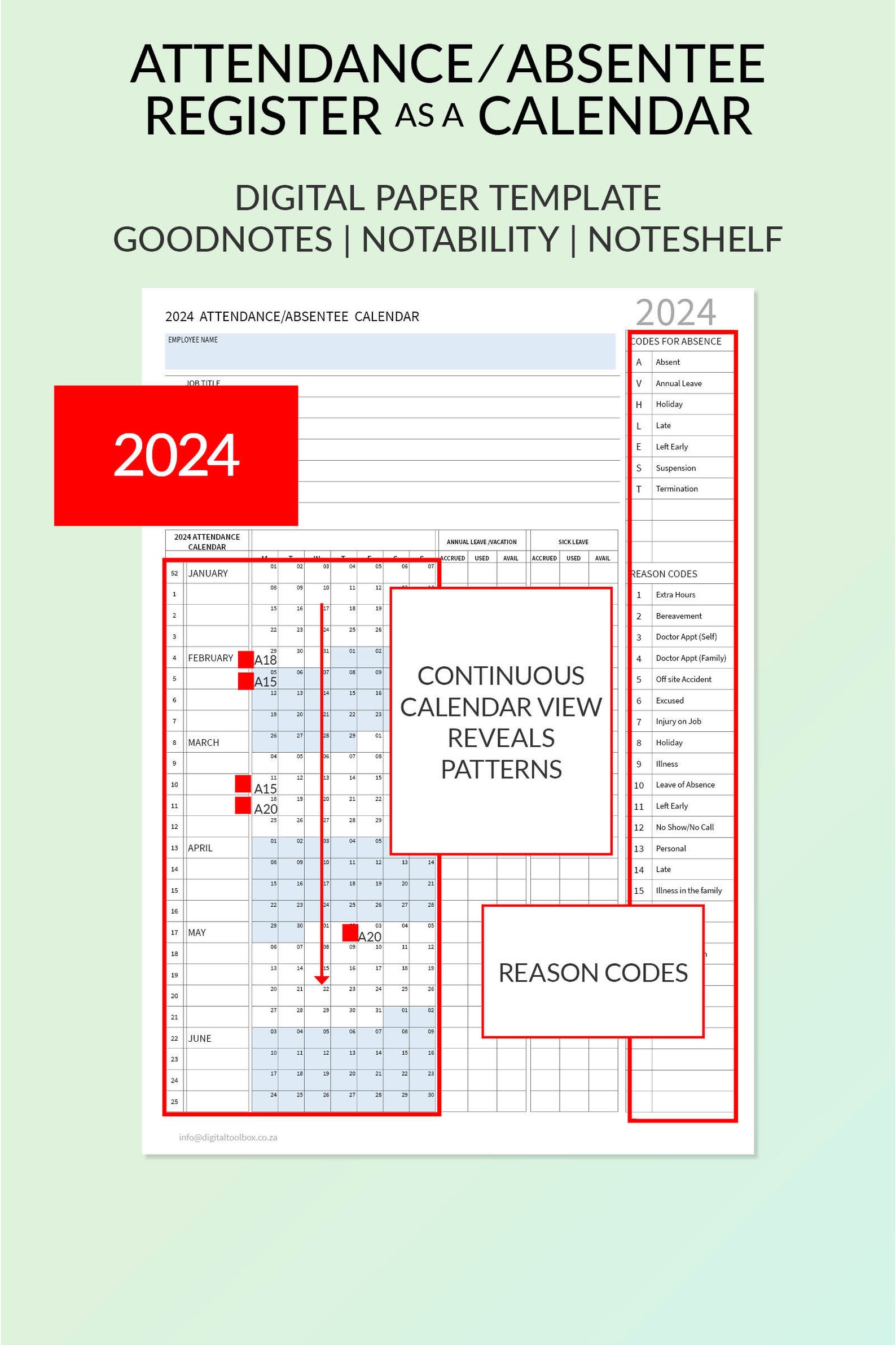 2024 PDF Employee Attendance Absentee Calendar/tracker for HR, School