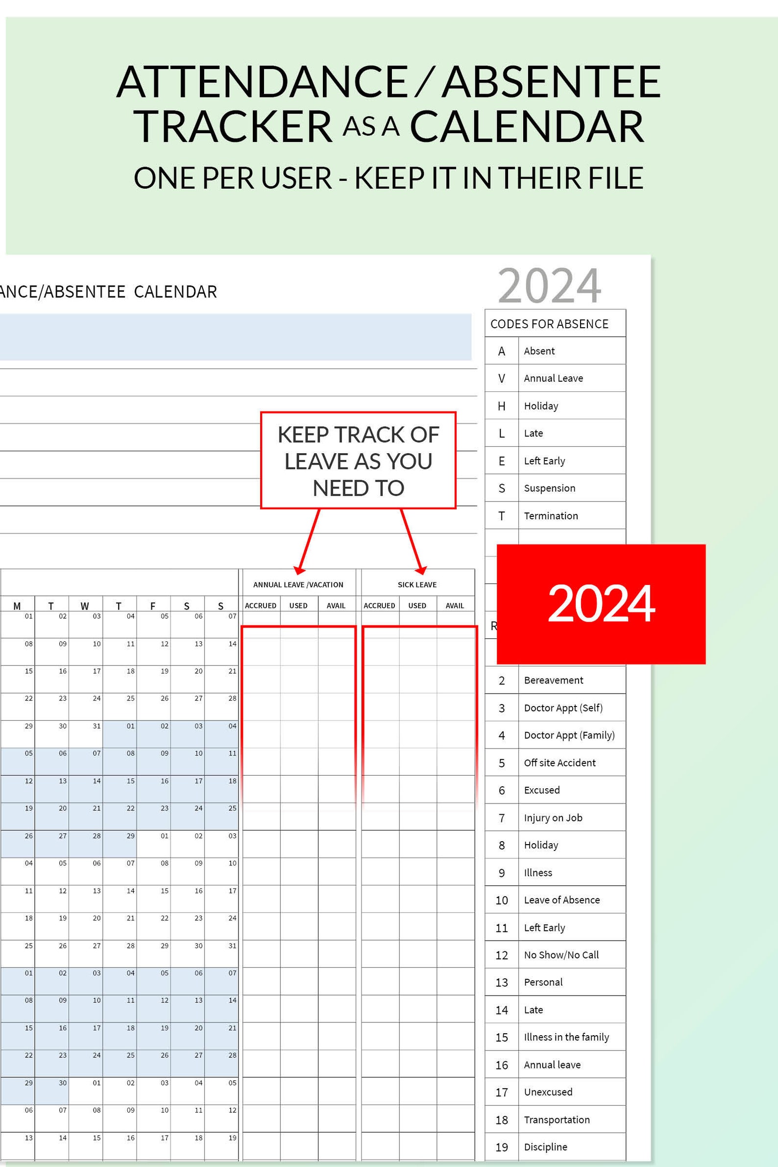 2024 PDF Employee Attendance Absentee Calendar/tracker for HR, School